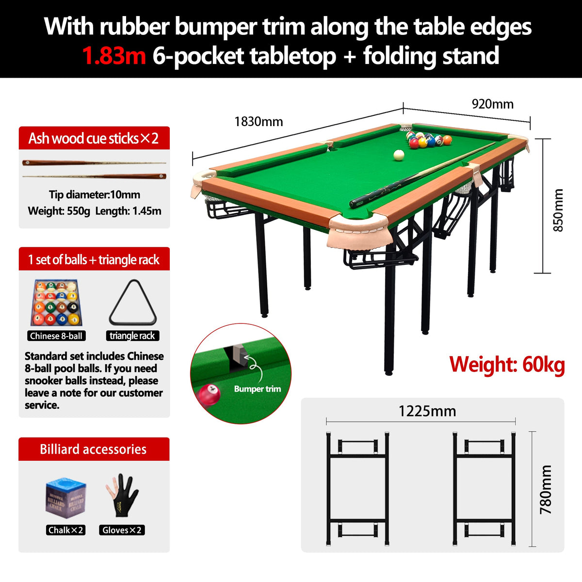 1.83m 6-Pocket Folding Pool Table Set
